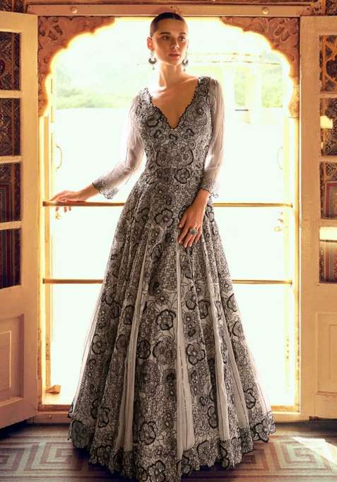 Grey Embroidered Georgette Anarkali Set