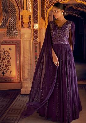 Purple Embroidered Georgette Anarkali Set