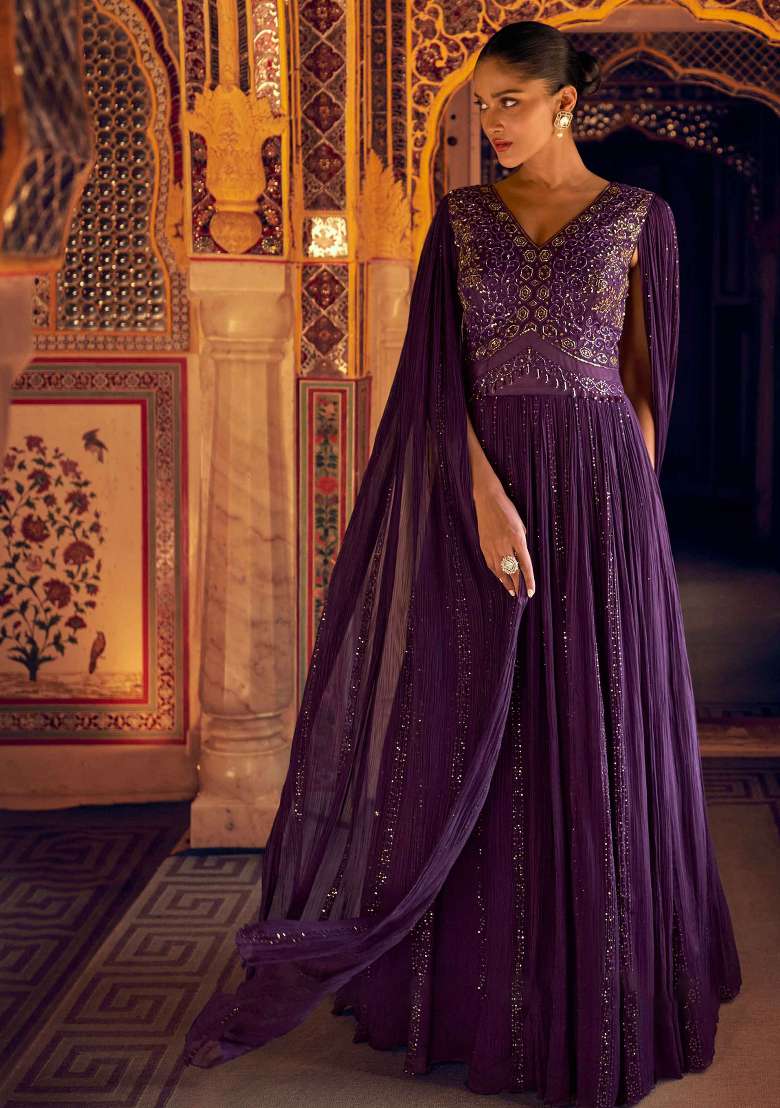 Purple Embroidered Georgette Anarkali Set - Indya