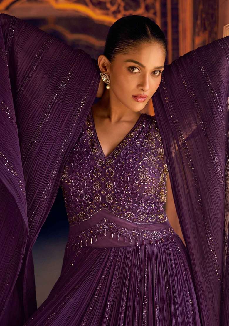 Purple Embroidered Georgette Anarkali Set - Indya