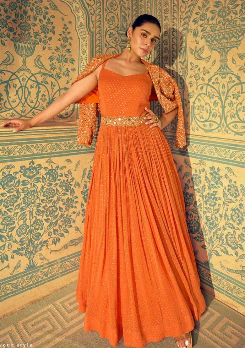 Orange Chikankari Georgette Anarkali Set - Indya