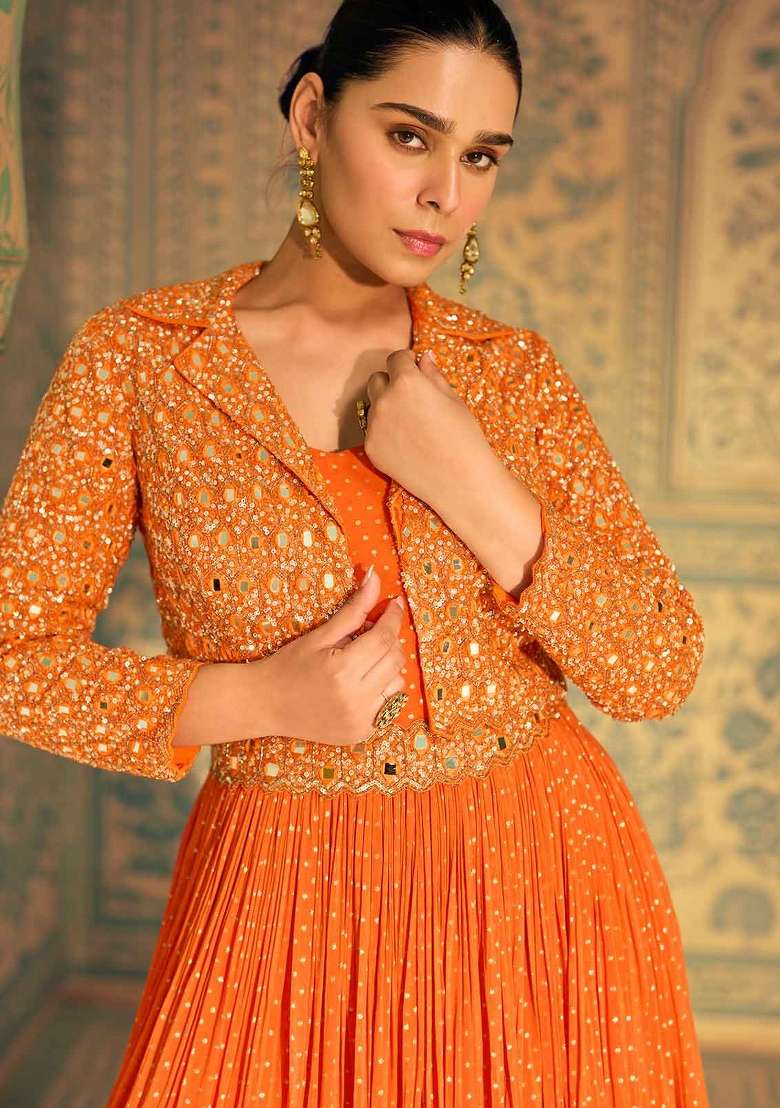 Orange Chikankari Georgette Anarkali Set - Indya