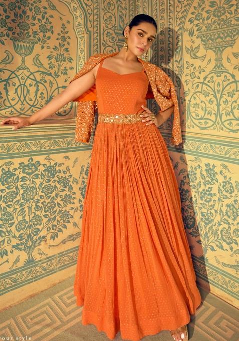 Orange Chikankari Georgette Anarkali Set — view on Indya
