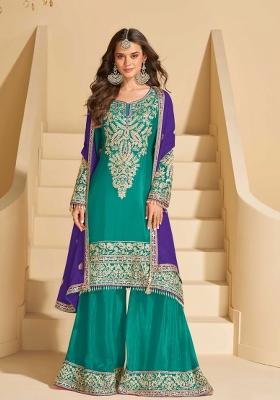 Blue Embroidered Chinnon Kurta Set With Dupatta