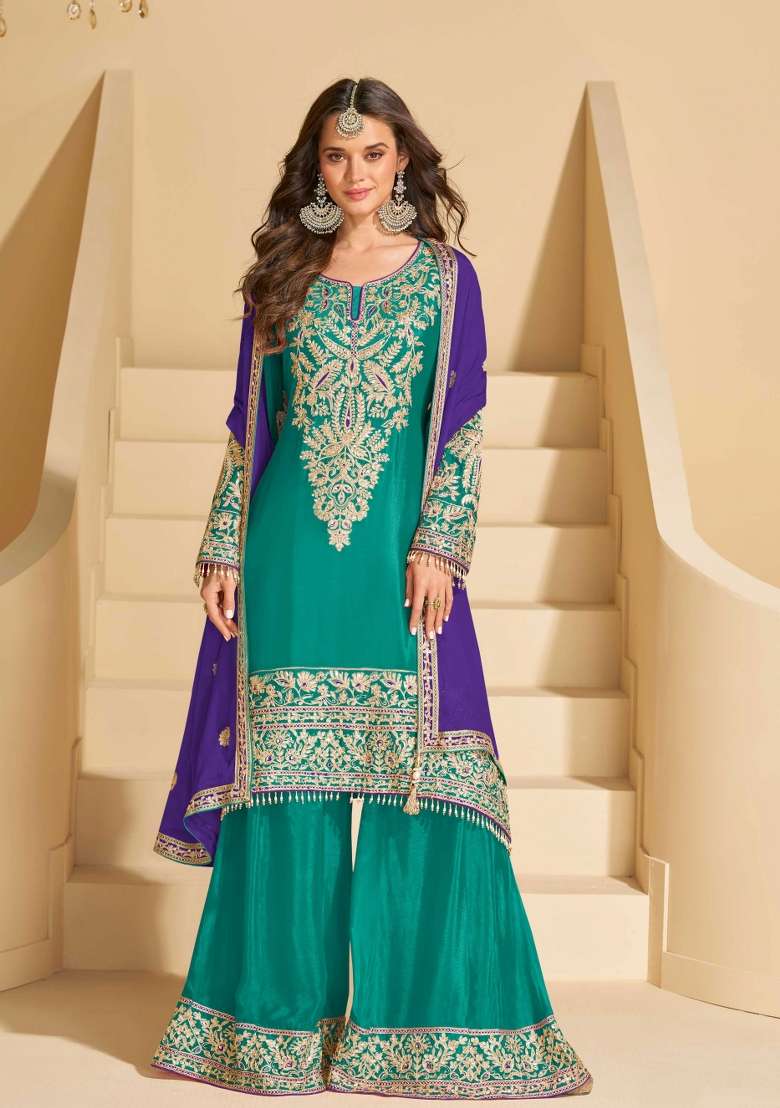 Blue Embroidered Chinon Sharara Set - Indya