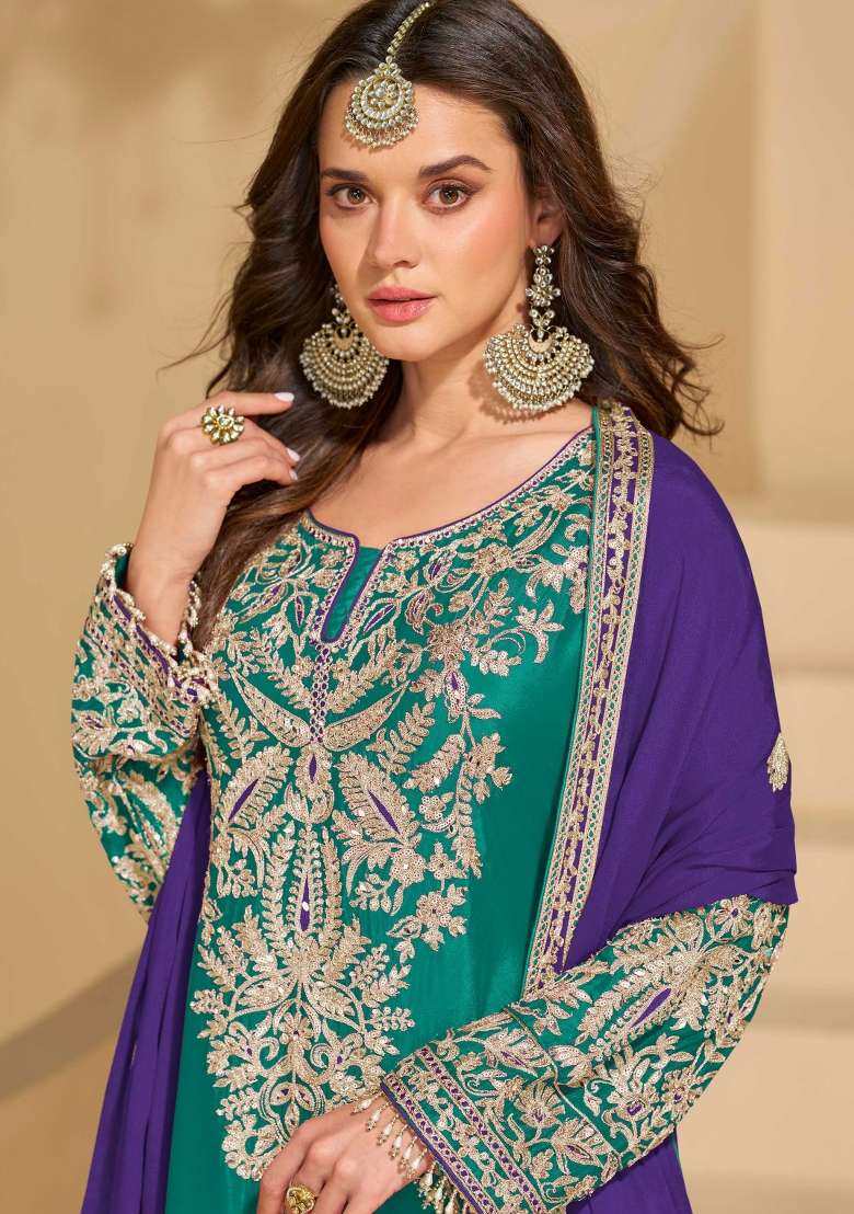 Blue Embroidered Chinon Sharara Set - Indya