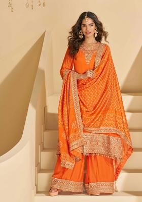 Orange Embroidered Chinon Sharara Set