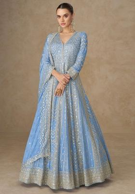 Blue Embroidered Silk Anarkali Set