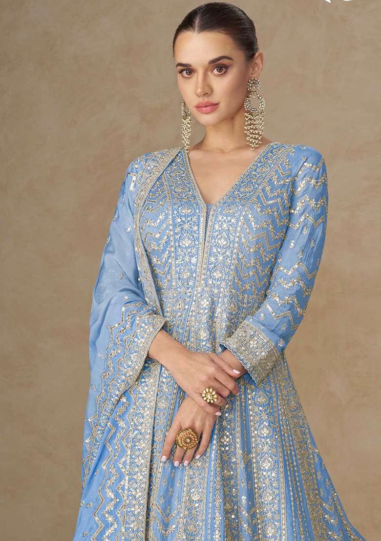 Blue Embroidered Silk Blend Anarkali Set - Indya
