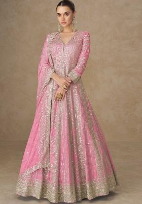 Pink Embroidered Silk Blend Anarkali Set