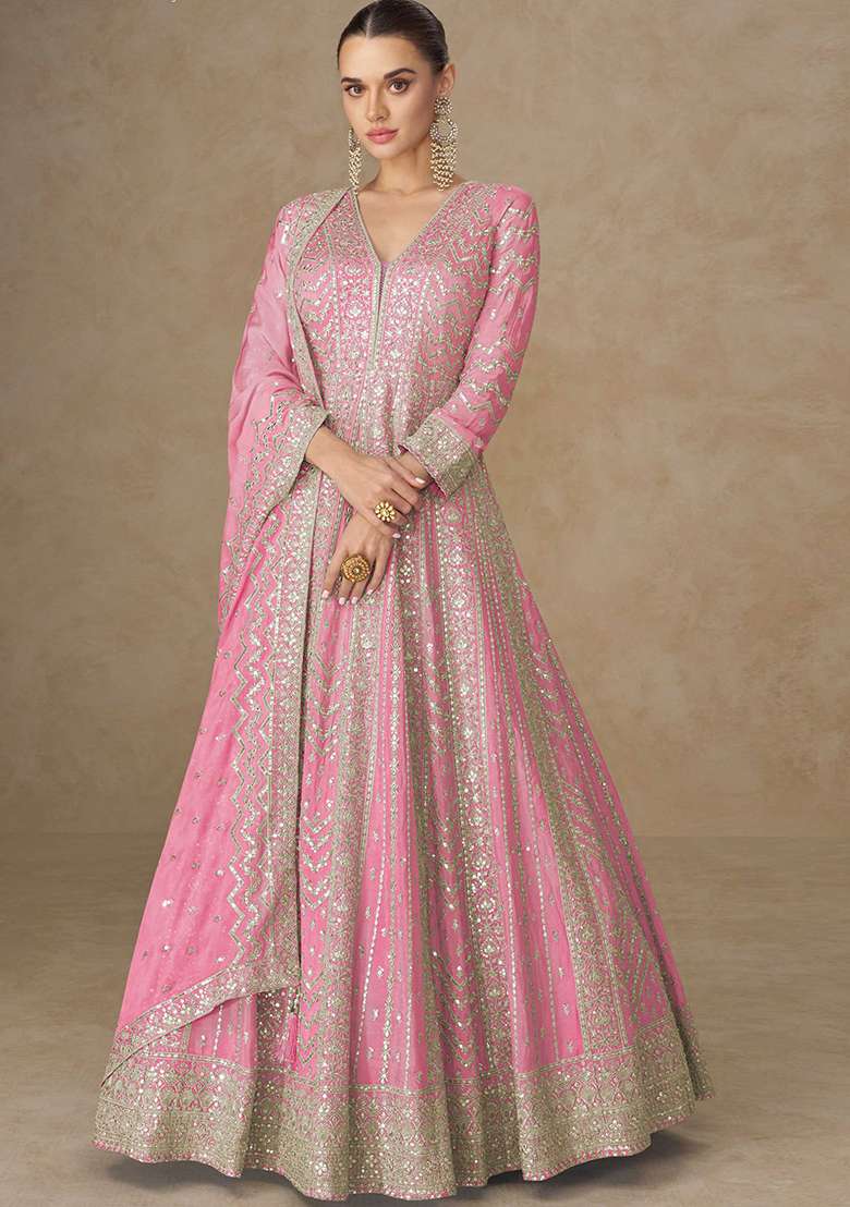 Pink Embroidered Silk Blend Anarkali Set - Indya