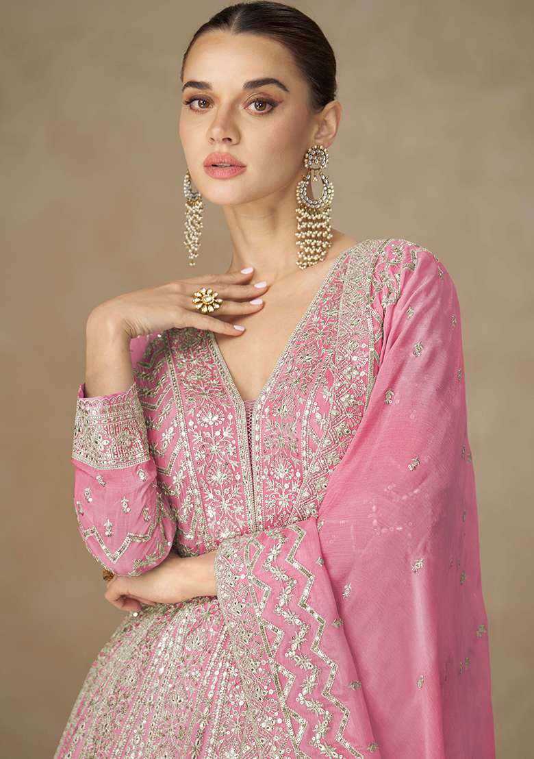 Pink Embroidered Silk Blend Anarkali Set - Indya