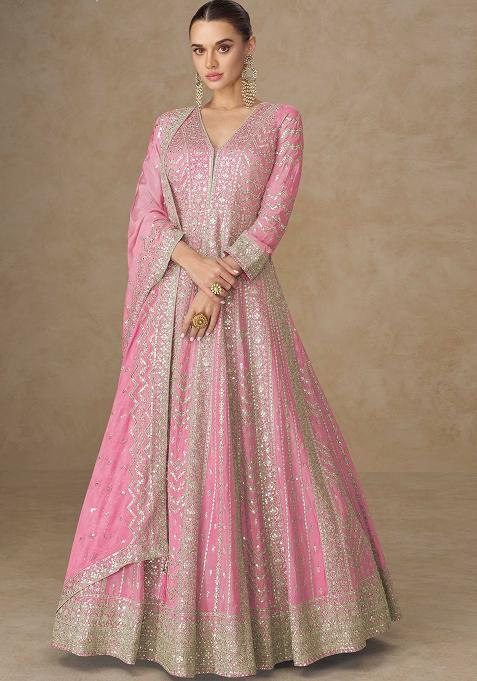 Pink Embroidered Silk Blend Anarkali Set