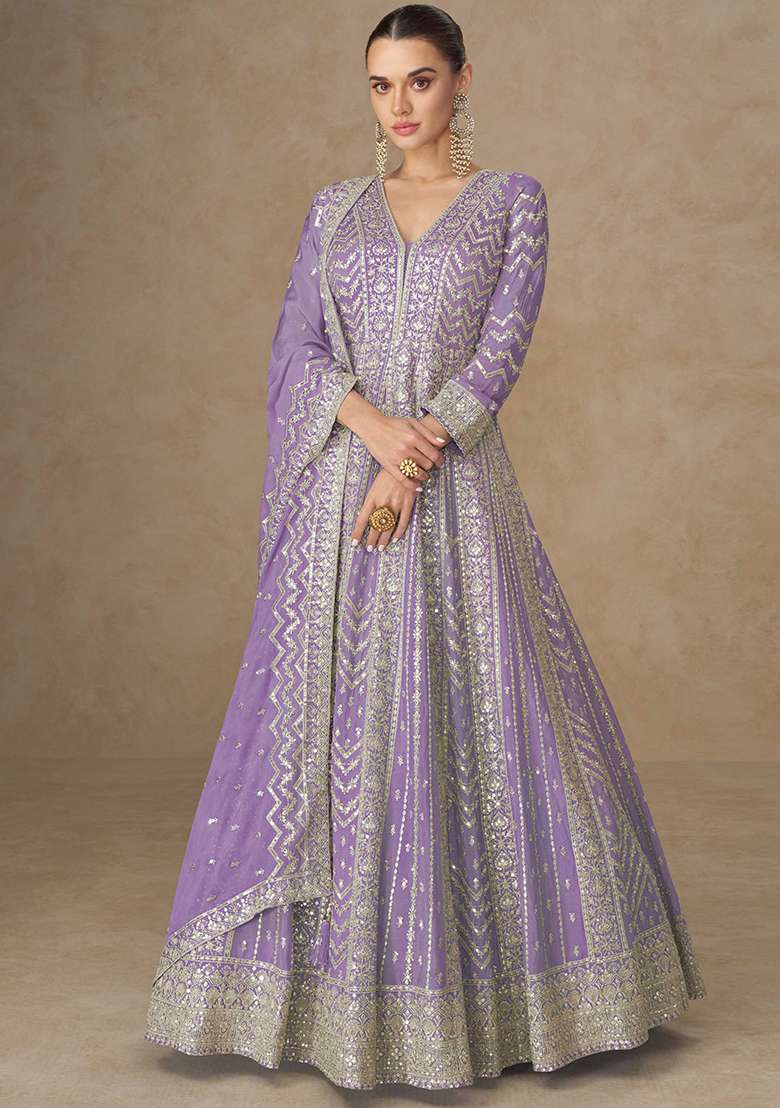 Lavender Embroidered Silk Blend Anarkali Set - Indya