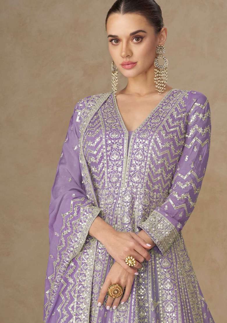 Lavender Embroidered Silk Blend Anarkali Set - Indya