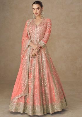 Peach Embroidered Silk Blend Anarkali Set