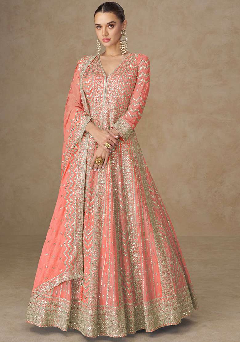 Peach Embroidered Silk Blend Anarkali Set - Indya