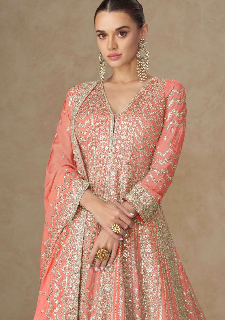 Peach Embroidered Silk Blend Anarkali Set - Indya