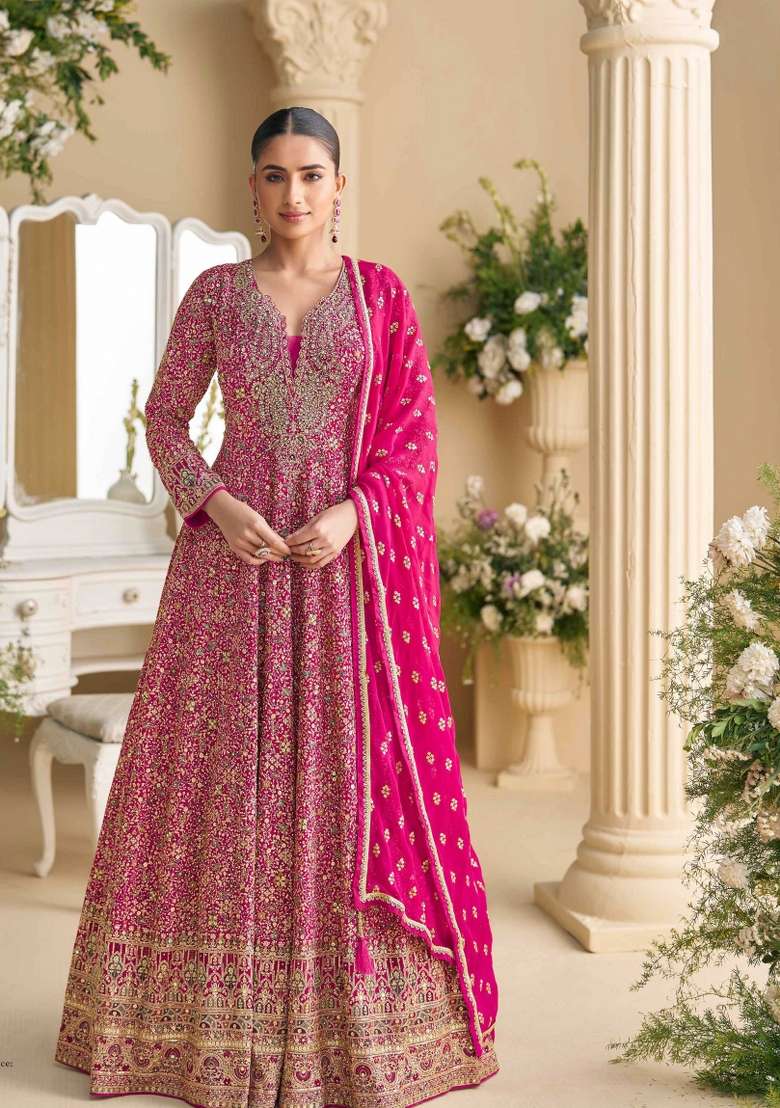 Pink Embroidered Georgette Anarkali Set - Indya