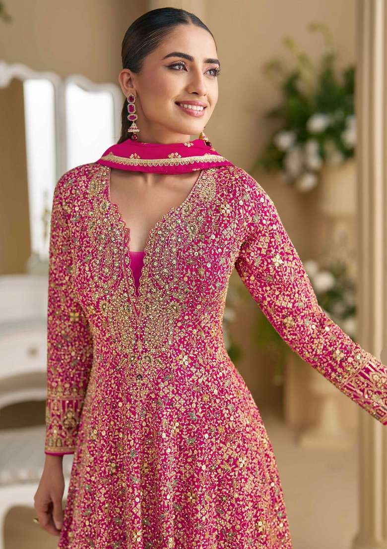 Pink Embroidered Georgette Anarkali Set - Indya