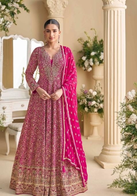 Pink Embroidered Georgette Anarkali Set