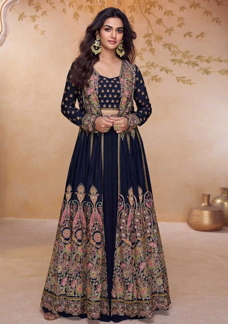 Black Embroidered Georgette Anarkali Set - Indya