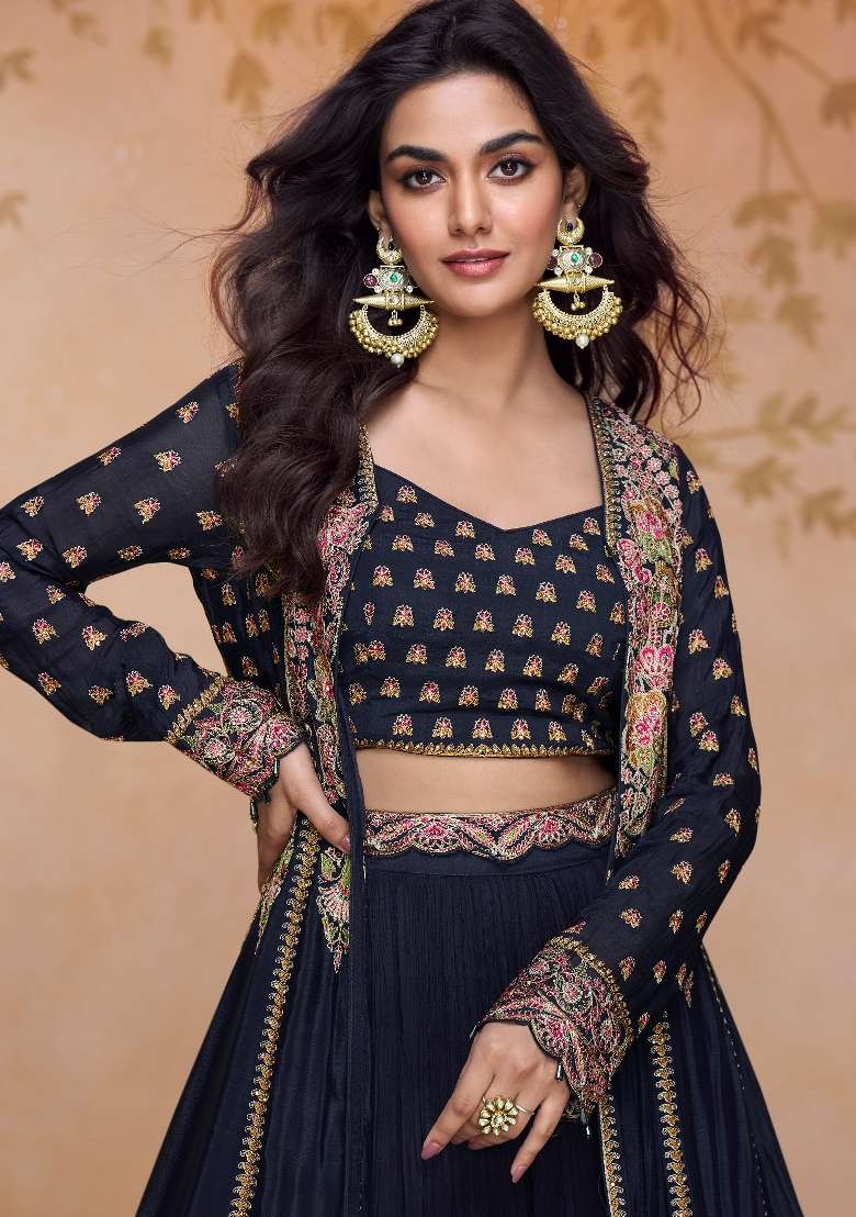Black Embroidered Georgette Anarkali Set - Indya