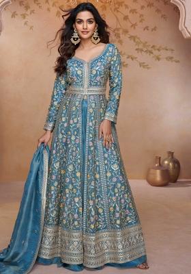 Teal Blue Embroidered Silk Kurta Set With Dupatta