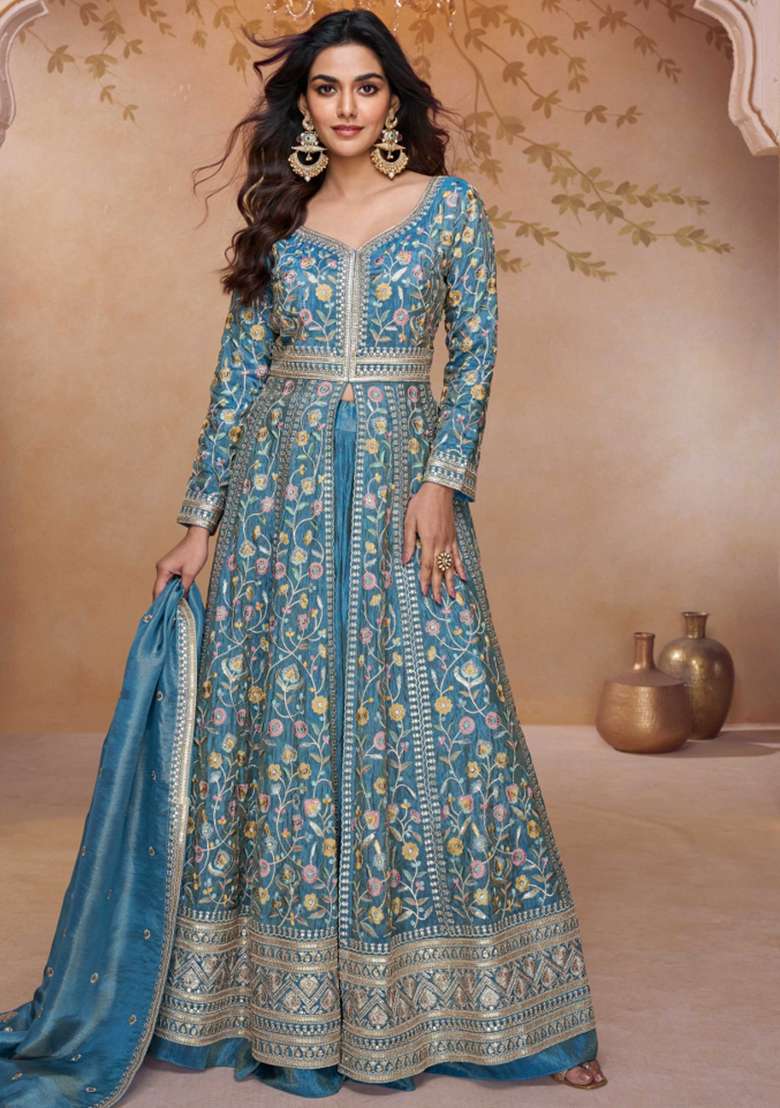 Teal Blue Embroidered Silk Anarkali Set - Indya