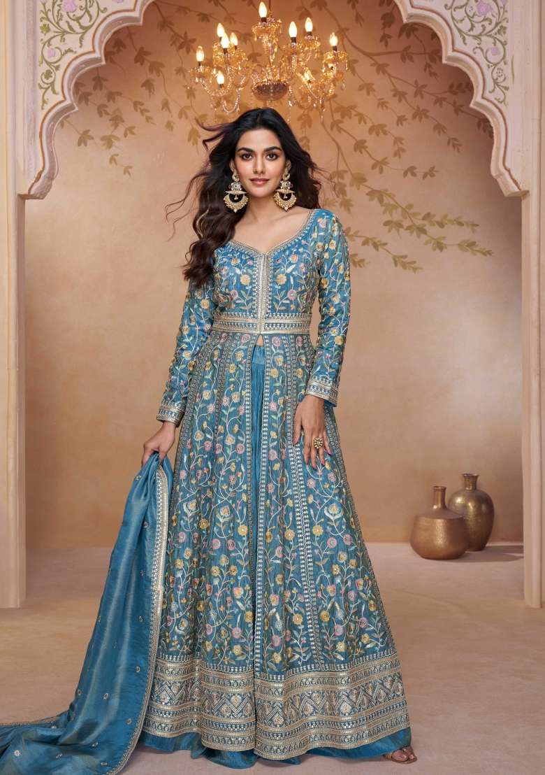 Teal Blue Embroidered Silk Anarkali Set - Indya