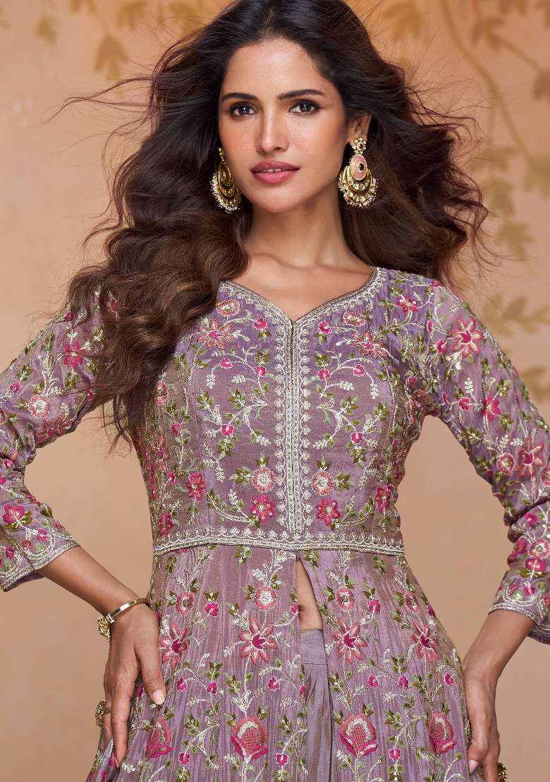 Lavender Embroidered Silk Blend Anarkali Set - Indya