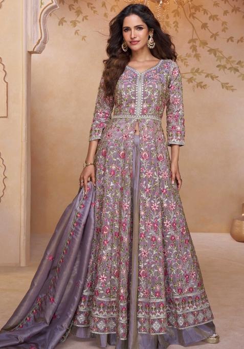 Lavender Embroidered Silk Blend Anarkali Set