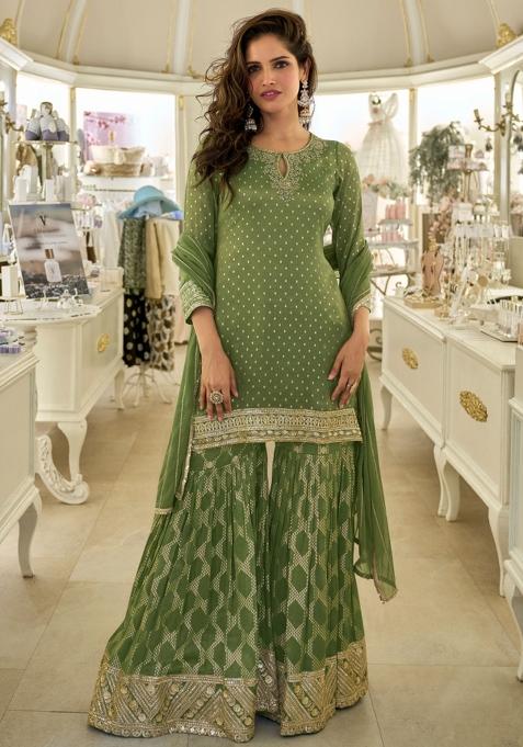 Green Embroidered Viscose Kurta Set With Dupatta — view on Indya