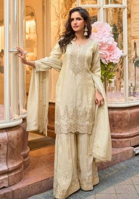 Off White Embroidered Viscose Kurta Set With Dupatta