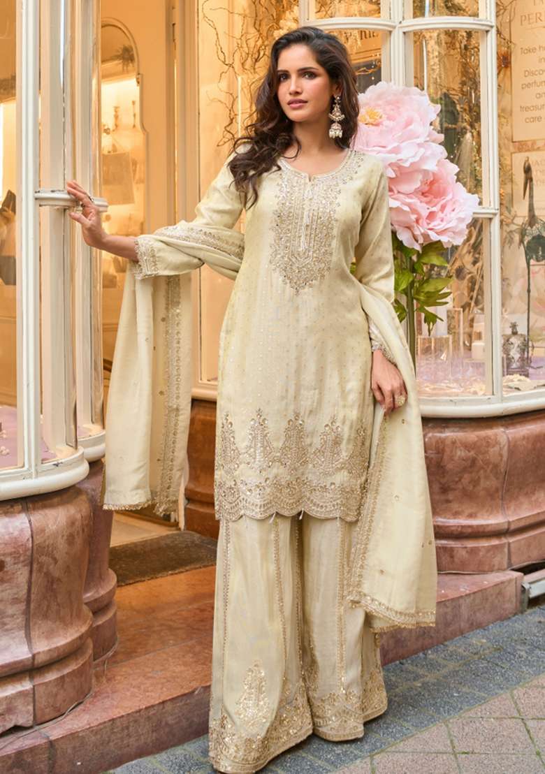 Off White Embroidered Viscose Kurta Set With Dupatta - Indya