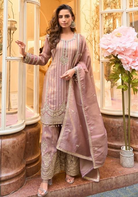 Mauve Embroidered Viscose Kurta Set With Dupatta