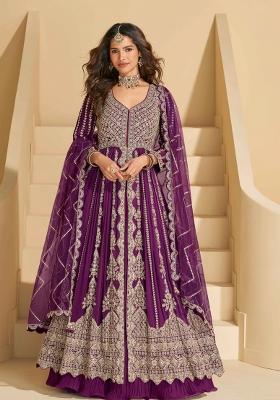 Wine Embroidered Chinnon Silk Kurta Set With Dupatta