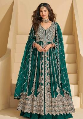 Teal Green Embroidered Chinnon Silk Kurta Set With Dupatta