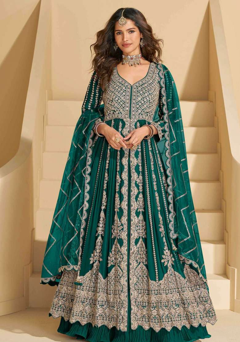 Teal Green Embroidered Chinon Anarkali Set - Indya