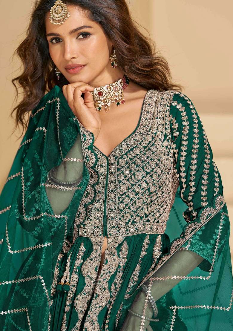 Teal Green Embroidered Chinon Anarkali Set - Indya