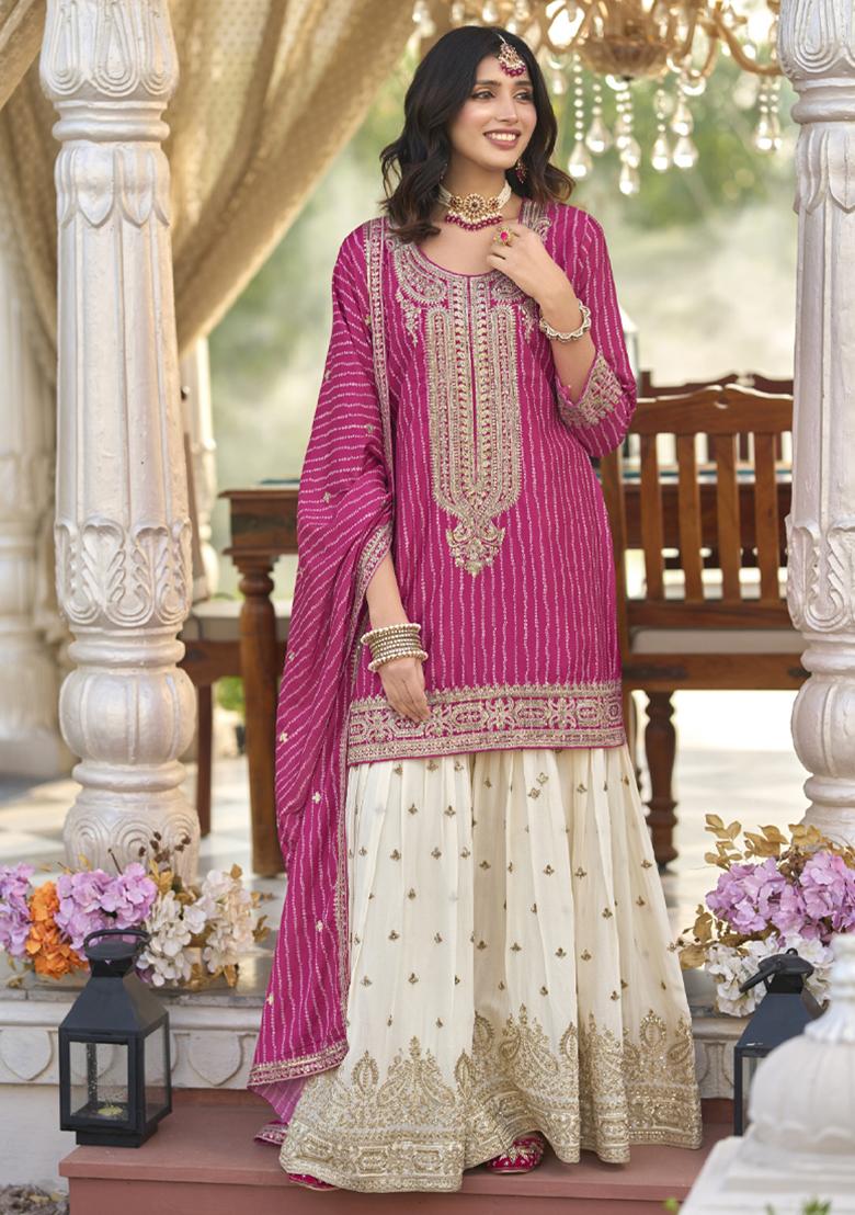 Pink Embroidery Work Chinon Salwar Kameez With Dupatta - Indya