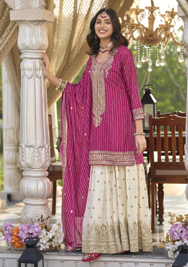 Pink Embroidery Work Chinon Salwar Kameez With Dupatta - Indya