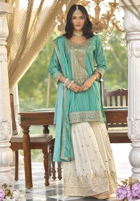 Aqua Blue Embroidery Work Chinon Salwar Kameez With Dupatta