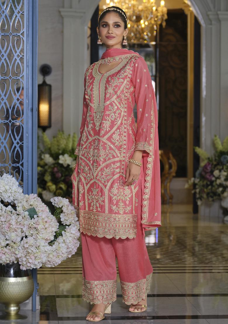 Pink Embroidery Work Chinon Salwar Kameez With Dupatta - Indya