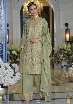 Pista Green Embroidery Work Chinon Salwar Kameez With Dupatta