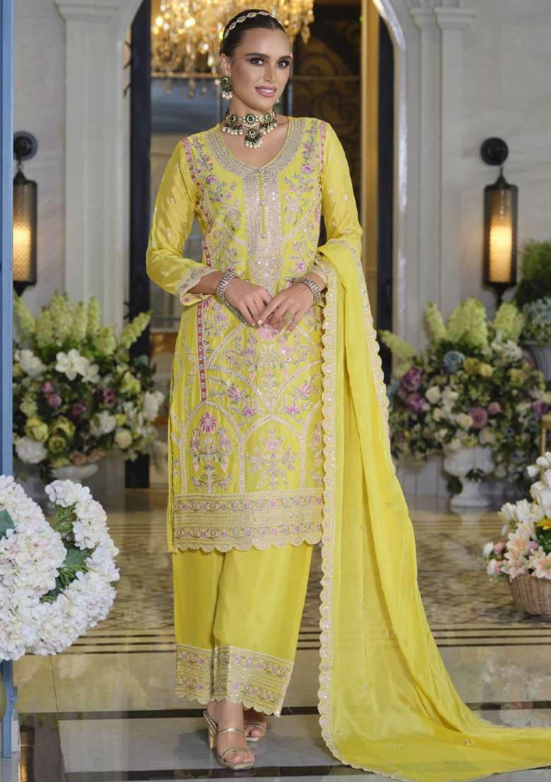 Yellow Embroidery Work Chinon Salwar Kameez With Dupatta - Indya
