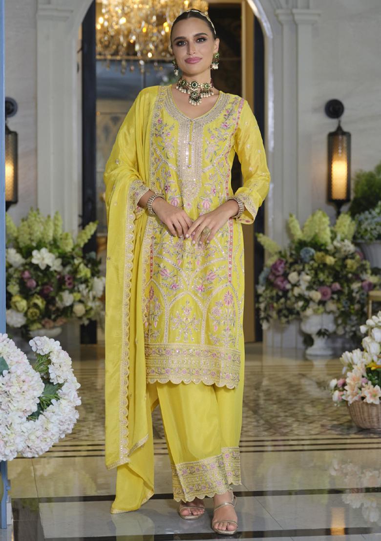 Yellow Embroidery Work Chinon Salwar Kameez With Dupatta - Indya
