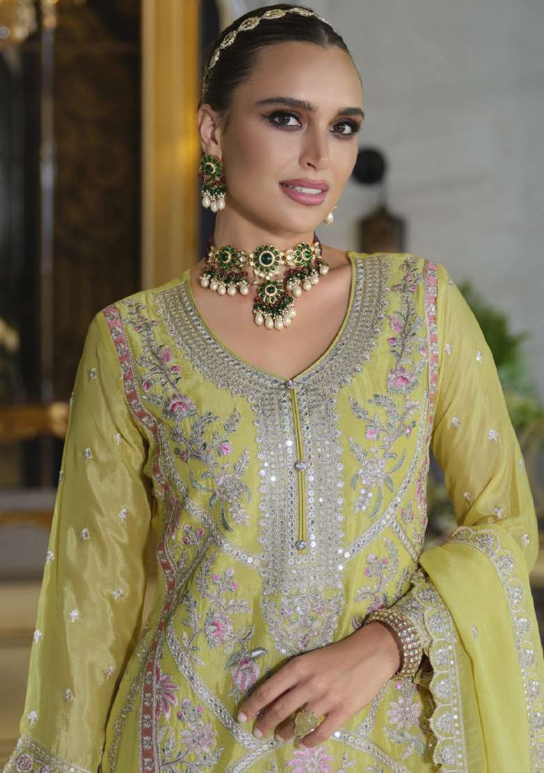 Yellow Embroidery Work Chinon Salwar Kameez With Dupatta - Indya