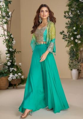 Aqua Blue Embroidery Work Blended Salwar Kameez With Dupatta
