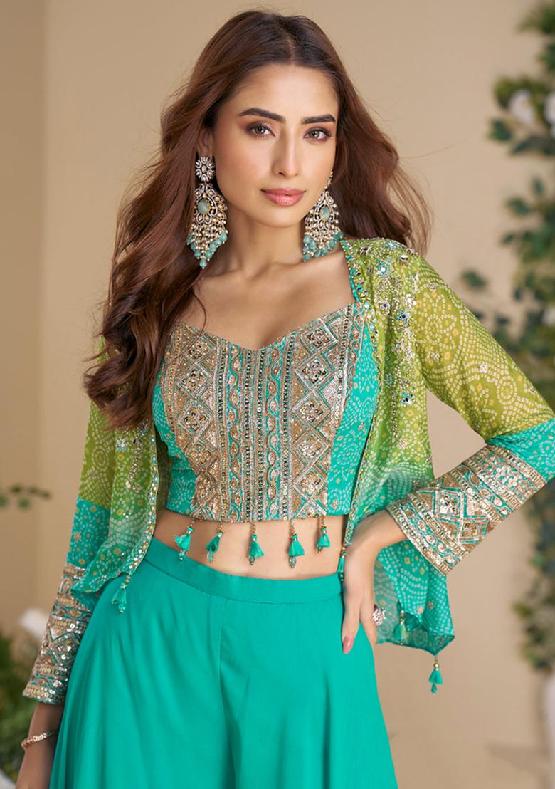 Aqua Blue Embroidery Work Blended Salwar Kameez With Dupatta - Indya